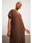 Keten Oversize V Yaka Kahverengi Uzun Elbise 1