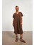 Keten Oversize V Yaka Kahverengi Uzun Elbise 2