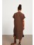 Keten Oversize V Yaka Kahverengi Uzun Elbise 4