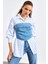 Düz Yakalı Kemerli Mavi Kadın Denim Crop Top 1