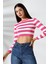 Çizgili Kadın Triko Pembe Crop Kazak 3