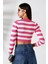 Çizgili Kadın Triko Pembe Crop Kazak 5