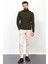 Örgü Desenli Haki Rengi Slim Fit Tam Balıkçı Yaka Yün Erkek Kazak 3