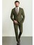 Düz Haki Rengi Slim Fit Mono Yaka Keten Erkek Takım Elbise 4