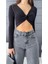 Kadın V Yaka Önü Drape Detaylı Uzun Kollu Süper Crop Bluz 5
