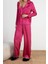 Kadın Polyester Gömlek Yaka Uzun Kol Fuşya Kalp Desenli Saten Gömlek-Pantolon Dokuma Pijama Takımı 1