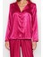 Kadın Polyester Gömlek Yaka Uzun Kol Fuşya Kalp Desenli Saten Gömlek-Pantolon Dokuma Pijama Takımı 4