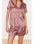 Kadın Polyester Gömlek Yaka Kısa Kol Leopar Desenli Saten Gömlek-Şort Dokuma Pijama Takımı 1