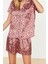Kadın Polyester Gömlek Yaka Kısa Kol Leopar Desenli Saten Gömlek-Şort Dokuma Pijama Takımı 3