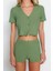 Kadın Polyester V Yaka Kısa Kol Fitilli Crop T-Shirt-Şort Örme Pijama Takımı 1