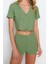 Kadın Polyester V Yaka Kısa Kol Fitilli Crop T-Shirt-Şort Örme Pijama Takımı 5
