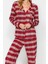 Kadın %100 Pamuk Gömlek Yaka Uzun Kol Geyik Desenli Ekoseli Tshirt-Pantolon Örme Pijama Takımı 3