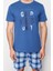 Erkek Pamuk Bisiklet Yaka Kısa Kol Indigo Ekose Regular Fit Örme Şortlu Pijama Takımı 1