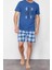 Erkek Pamuk Bisiklet Yaka Kısa Kol Indigo Ekose Regular Fit Örme Şortlu Pijama Takımı 2