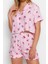 Kadın Viskon Gömlek Yaka Kısa Kol Pembe Çiçek Desenli Viskon Gömlek-Şort Dokuma Pijama Takımı 4