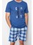 Erkek Pamuk Bisiklet Yaka Kısa Kol Indigo Ekose Regular Fit Örme Şortlu Pijama Takımı 3