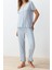 Kadın Viskon V Yaka Kısa Kol Çiçekli Fırfır Detaylı Örme Pijama Takımı 2