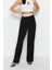 Kadın Yeni Moda Boru Paça Regular Boy Dokuma Wide Leg Geniş Paça Yüksek Bel Kemer Detaylı Pantolon 3