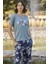 Kadın Çiçek ve Yaprak Desenli ve Baskılı Pijama Takımı 24103 4