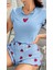 Mavi Çilek Desenli Kısa Kol Saten Kadın Şortlu 2li Pijama Takımı 2