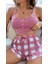 Pembe Ekose Şortlu Saten Ince Askılı Yumuşacık 2li Şortlu Kadın Pijama Takımı 1