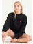 Kadın Kalp Nakışlı 3 Ip Şardonlu Oversize Sweatshirt Siyah 1