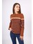 Monroe Çizgili Kadın Triko Kazak - Kızıl Kahve 2