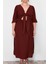 Moda Fit Günlük Keten Karışımlı Dokuma V Yaka Truvakar Kol Kol A-Line Midi Boy Büyük Beden Elbise 1