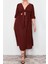 Moda Fit Günlük Keten Karışımlı Dokuma V Yaka Truvakar Kol Kol A-Line Midi Boy Büyük Beden Elbise 3