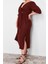 Moda Fit Günlük Keten Karışımlı Dokuma V Yaka Truvakar Kol Kol A-Line Midi Boy Büyük Beden Elbise 4
