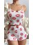 Beyaz Ince Askılı Dudak Desenli Kısa Şortlu Kadın Saten Pijama Takımı 1