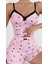 Saten Ince Askılı Ekose Şortlu Pembe 2li Kadın Şortlu Pijama Takımı 5