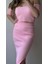 Kadın Açık Pembe Kısa Kollu Crop Bluz ve Yırtmaçlı Midi Etek Alt Üst Premium Triko Takım 5