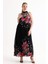Astarlı Piliseli Uzun Abiye Desenli Şifon Elbise | ELB35127SF Siyah Çiçekli 1