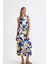 Yırtmaçlı Kolsuz Likralı Viskon Elbise ELB35734 Saks Çiçekli 1