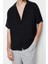 Erkek Moda Kısa Kol Dokuma Siyah Siyah Oversize Fit Yazlık Keten Görünümlü Gömlek Gömlek 4