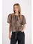 Regular Fit Yuvarlak Yaka Leopar Desenli Önden Bağlamalı Poplin Kısa Kollu Bluz E2670AX24AU 3