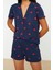 Kadın %100 Pamuk Gömlek Yaka Kısa Kol %100 Pamuk Kalp Desenli Gömlek-Şort Örme Pijama Takımı 2