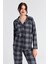 Kadın Gri Siyah Ekose Desen Uzun Kol Bebe Yaka Pantolon Pijama Takım 3
