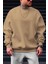 Erkek Camel Basic 0 Sıfır Yaka Baskısız Düz Oversize Salaş Bol Kesim Polar Sweatshirt 1