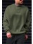 Erkek Haki Yeşili Dreamer Baskılı 0 Sıfır Yaka Oversize Salaş Bol Kesim Polar Sweatshirt 4