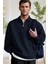 Erkek Lacivert Yarım Fermuar Polo Yaka 3 Iplik Içi Polarlı Şardonlu Oversize Sweatshirt 1