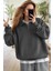 Kadın Antrasit Yarım Fermuar Polo Yaka 3 Iplik Içi Polarlı Şardonlu Oversize Sweatshirt 1
