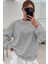 Kadın Dikiş Detaylı Gri Basic 0 Sıfır Yaka Düz Oversize Salaş Bol Kesim Polar Sweatshirt 2