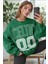 Kadın Yeşil Boston 00 Baskılı 0 Sıfır Yaka Oversize Salaş Bol Kesim Polar Sweatshirt 1