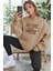 Kadın Camel But First Coffee Baskılı 0 Sıfır Yaka Oversize Salaş Bol Kesim Polar Sweatshirt 1