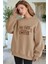 Kadın Camel But First Coffee Baskılı 0 Sıfır Yaka Oversize Salaş Bol Kesim Polar Sweatshirt 2