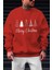 Erkek Kırmızı Christmas Baskılı 0 Sıfır Yaka Oversize Salaş Bol Kesim Polar Sweatshirt 1