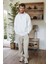 Erkek Ekru Kırık Beyaz Balıkçı Yaka 3 Iplik Içi Polarlı Şardonlu Oversize Sweatshirt 2