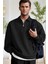 Erkek Siyah Yarım Fermuar Polo Yaka 3 Iplik Içi Polarlı Şardonlu Oversize Sweatshirt 1